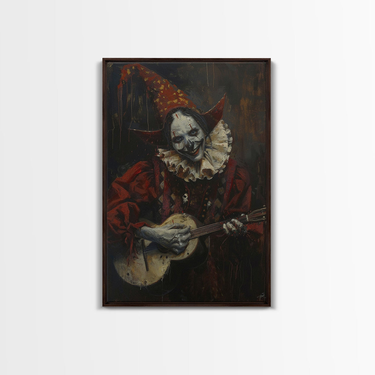 Creepy Clown Playing Guitar, Framed Canvas Print, Spooky Circus Art, Halloween Wall Decor, Horror Clown Illustration, Creepy Home Decor