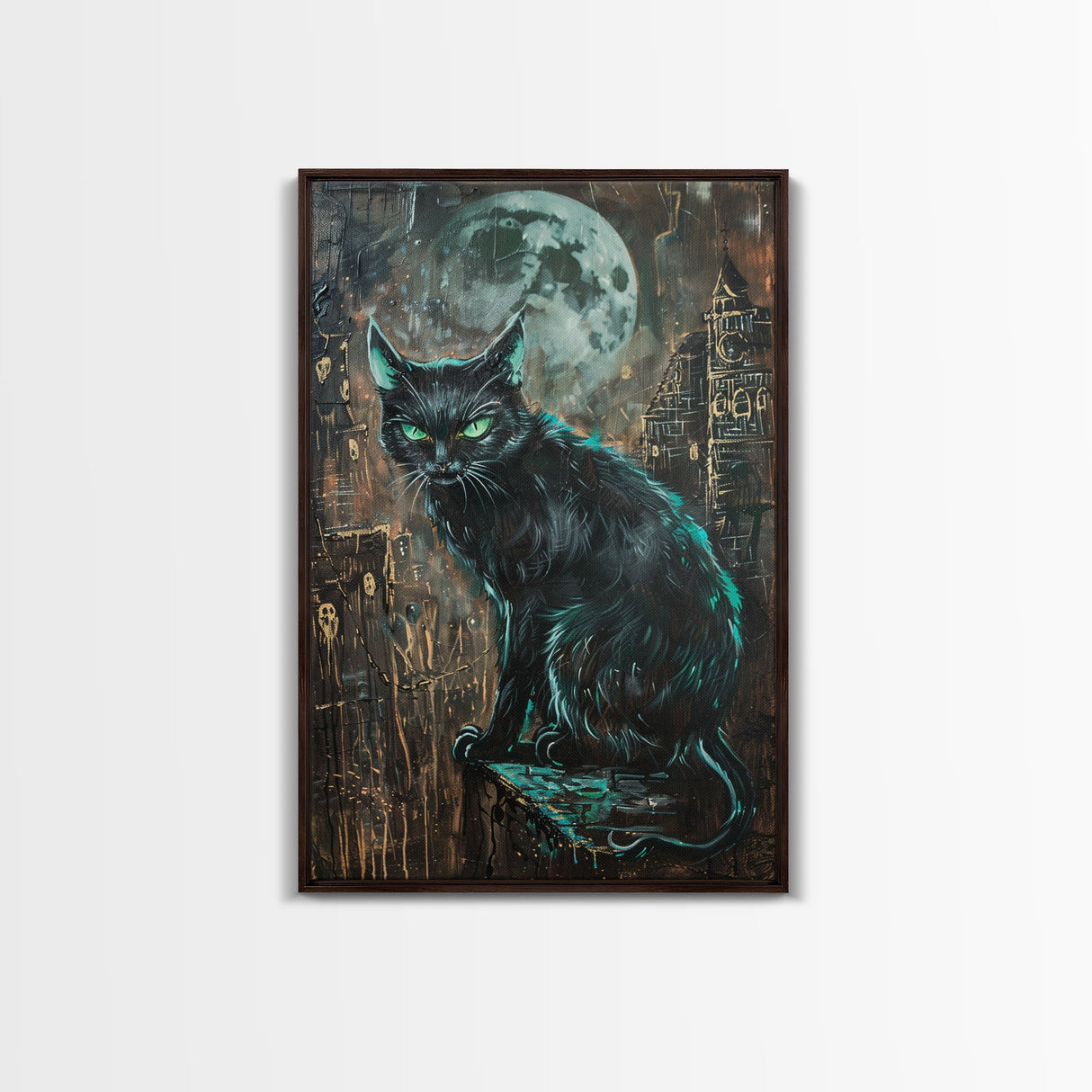 Black Cat with Piercing Green Eyes, Framed Canvas Print, Spooky Cat Art, Witchy Feline Decor, Halloween Wall Art, Gothic Cat Decor