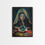 Enchanting Fortune Teller with Crystal Ball Under Moonlight - Mystical Witchcraft Framed Canvas Print, Halloween Gothic Home Decor