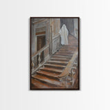 Ghost On Stairs Canvas Print - Halloween Art, Spooky Home Decor, Ghost Wall Art, Haunted House Decor, Halloween Decor, Framed Canvas Print