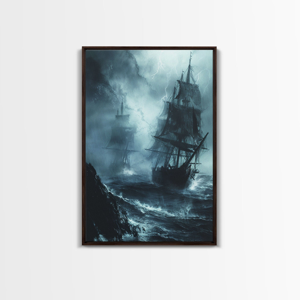 Ghost Ship in Storm Halloween Art, Spooky Maritime, Haunted Ocean, Creepy Seascape, Stormy Night, Framed Canvas Print