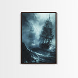 Ghost Ship in Storm Halloween Art, Spooky Maritime, Haunted Ocean, Creepy Seascape, Stormy Night, Framed Canvas Print