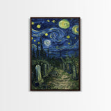Starry Night Cemetery Framed Canvas Print, Halloween Wall Art, Gothic Art, Spooky Graveyard Decor, Van Gogh Style, Halloween Wall Decor