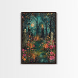 Haunted Graveyard with Flowers Framed Canvas Print, Wall Art, Halloween Cemetery Art, Spooky Home Decor, Ghostly Garden Painting
