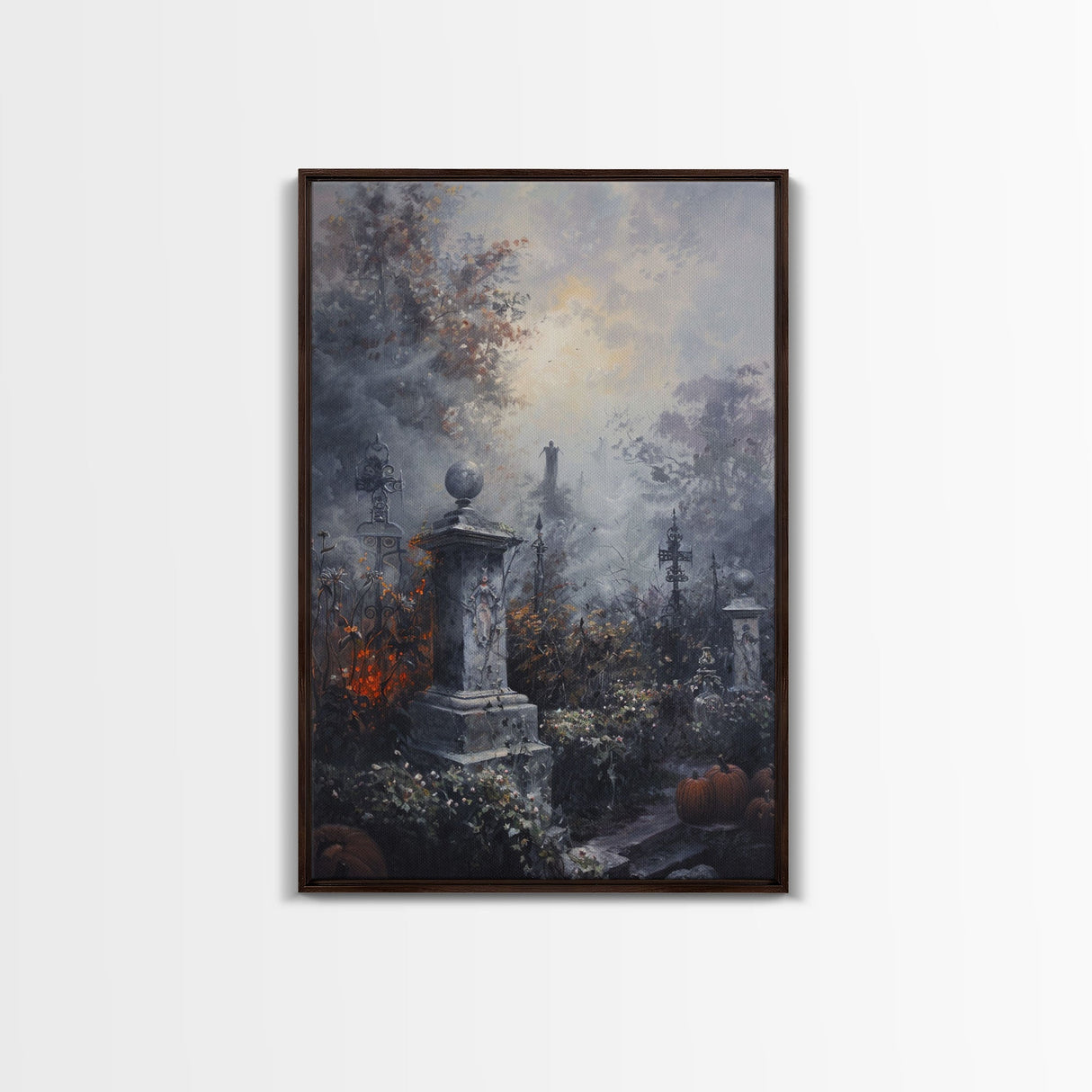 Gothic Cemetery with Statues Framed Canvas Print, Halloween Wall Art, Haunted Graveyard, Home Decor, Spooky Art, Living Room Decor, Gothic