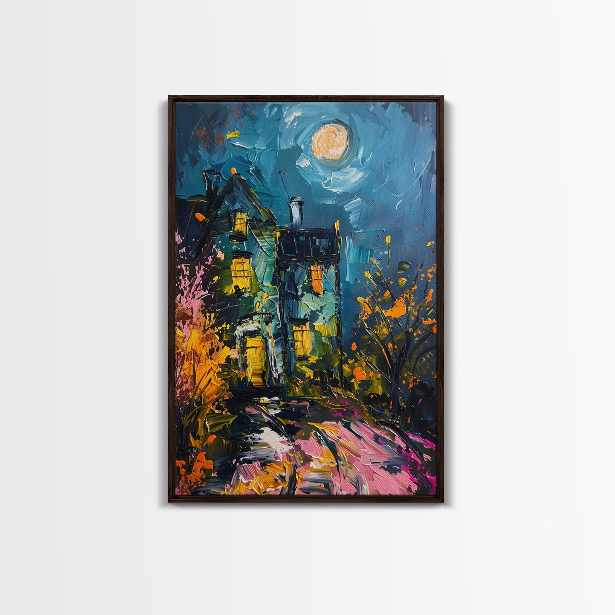 Haunted House with Glowing Windows Framed Canvas Print, Halloween Wall Art, Spooky Art, Home Decor, Living Room Decor, Gothic Artwork
