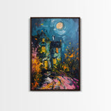 Haunted House with Glowing Windows Framed Canvas Print, Halloween Wall Art, Spooky Art, Home Decor, Living Room Decor, Gothic Artwork