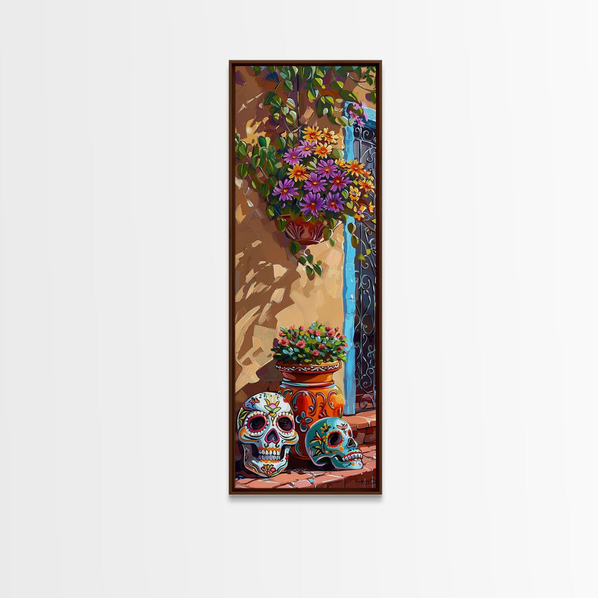 Spanish Style Oversized Framed Wall Art Print, Tall and Skinny Framed Canvas Mexican Art, Colorful Botanical Wall Art, Modern Office Print