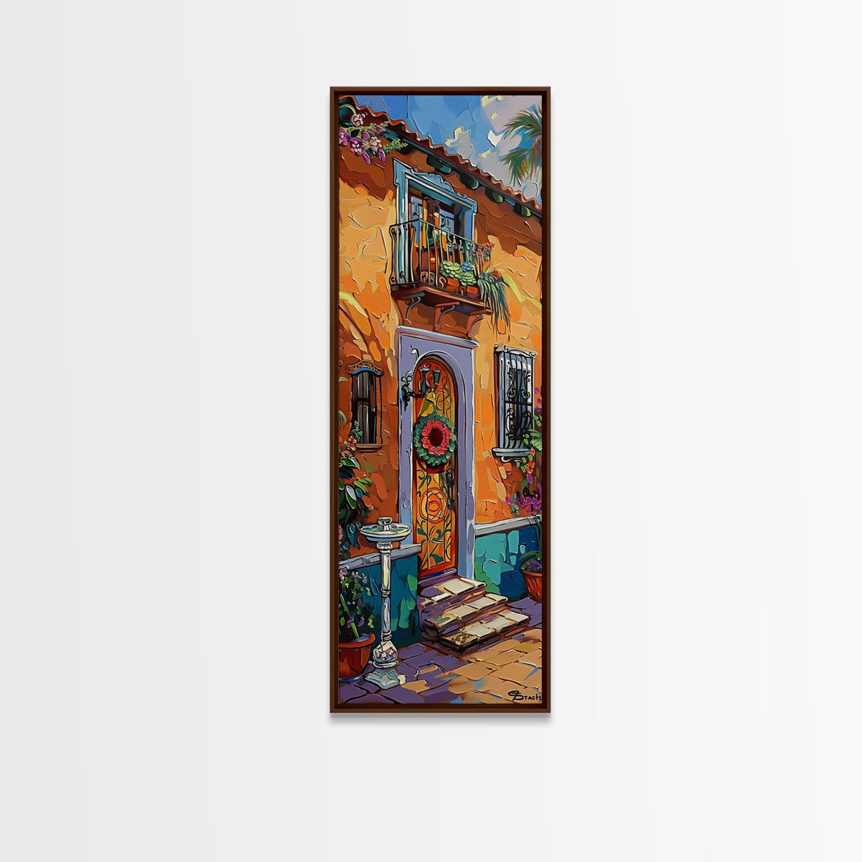 Spanish Inspired Acrylic Painting Framed and Printed on Canvas, Long and Narrow Vertical Art, Colorful Botanical Wall Art for Living Room
