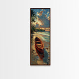 Red Boat Resting on the Shoreline - Framed Canvas Print, Midcentury Modern Wall Art, Skinny Art, Tall Art, Living Room Decor