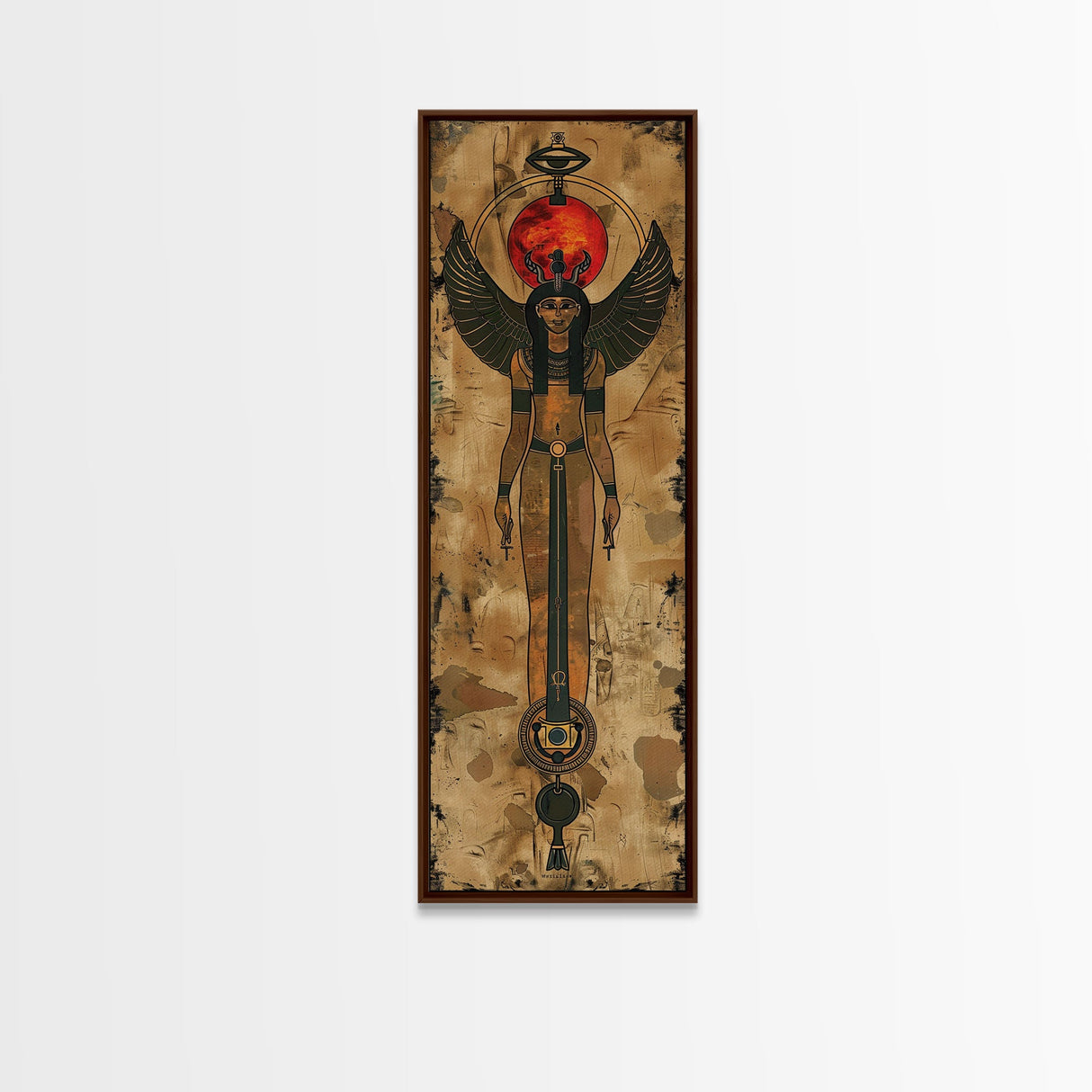 Egyptian Art Depiction of Goddess Isis - Framed Canvas Print, Midcentury Modern Wall Art, Skinny Art, Tall Art, Living Room Decor