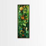 Geometric Abstract Art in Green and Yellow Tones - Framed Canvas Print, Midcentury Modern Art, Skinny Art, Tall Art, Living Room Wall Decor, Boho Art