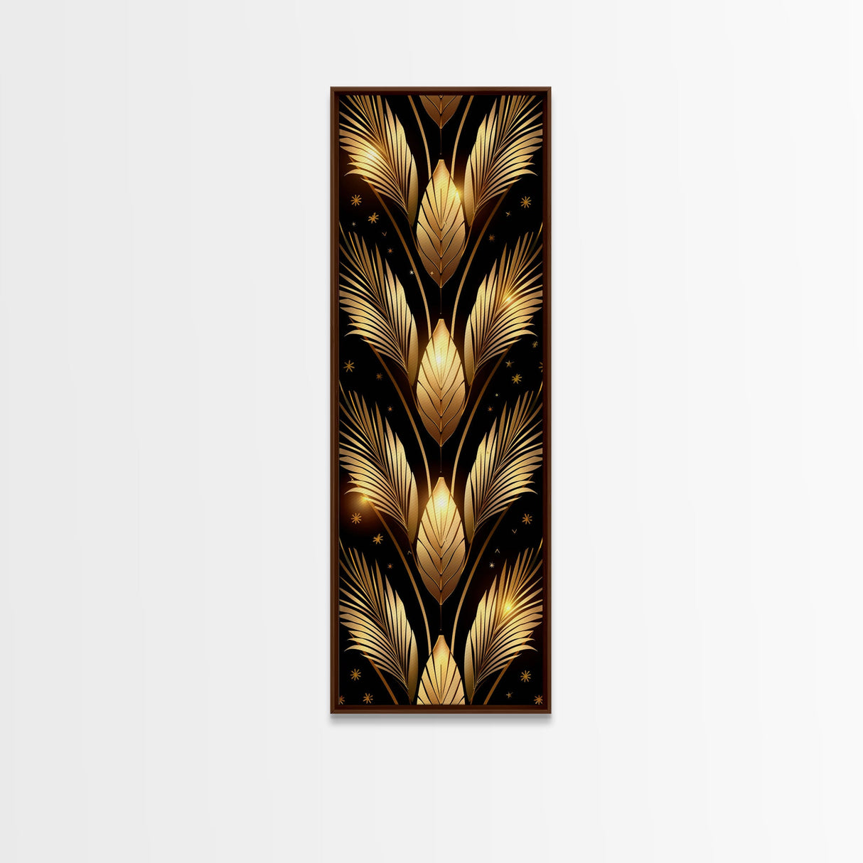 Gold Leaf Pattern on Black Background - Framed Canvas Print, Midcentury Modern Art, Skinny Art, Tall Art, Living Room Wall Decor, Minimalist Art