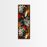Jungle Foliage and Leopard Design on Black Background - Framed Canvas Print, Midcentury Modern Art, Skinny Art, Tall Art, Living Room Wall Decor, Boho Art