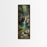 Framed Canvas Print Skinny Art of a Serene Waterfall Cascading into a Tranquil Pool in a Lush Forest Landscape, Perfect Tall Art for Nature Lovers