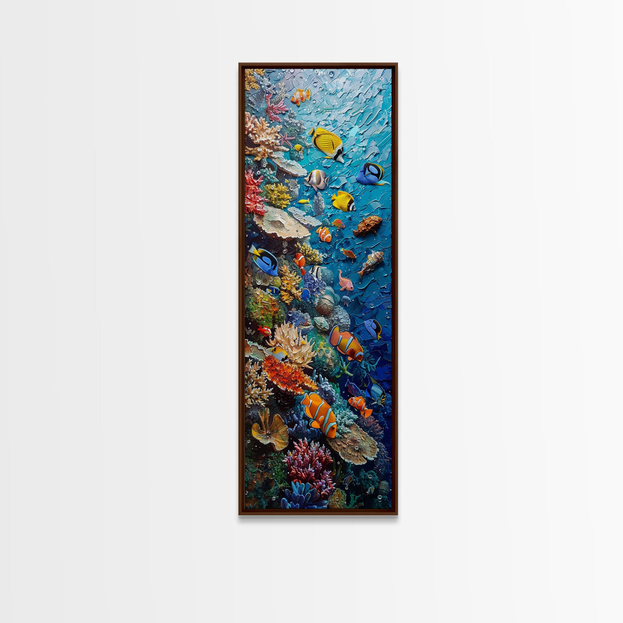 Vibrant Coral Reef Underwater Scene Featuring Diverse Tropical Fish on a Framed Canvas Print Skinny Art Piece
