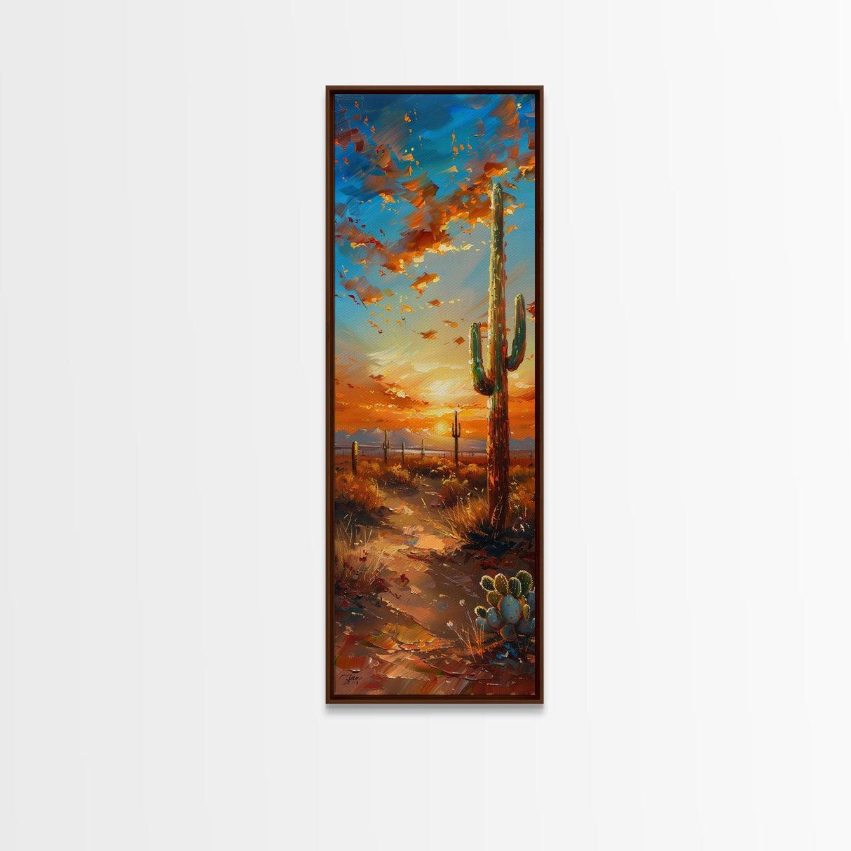 Arizona Desert Landscape with Saguaro Cactus at Sunset on a Framed Canvas Print Skinny Art Piece