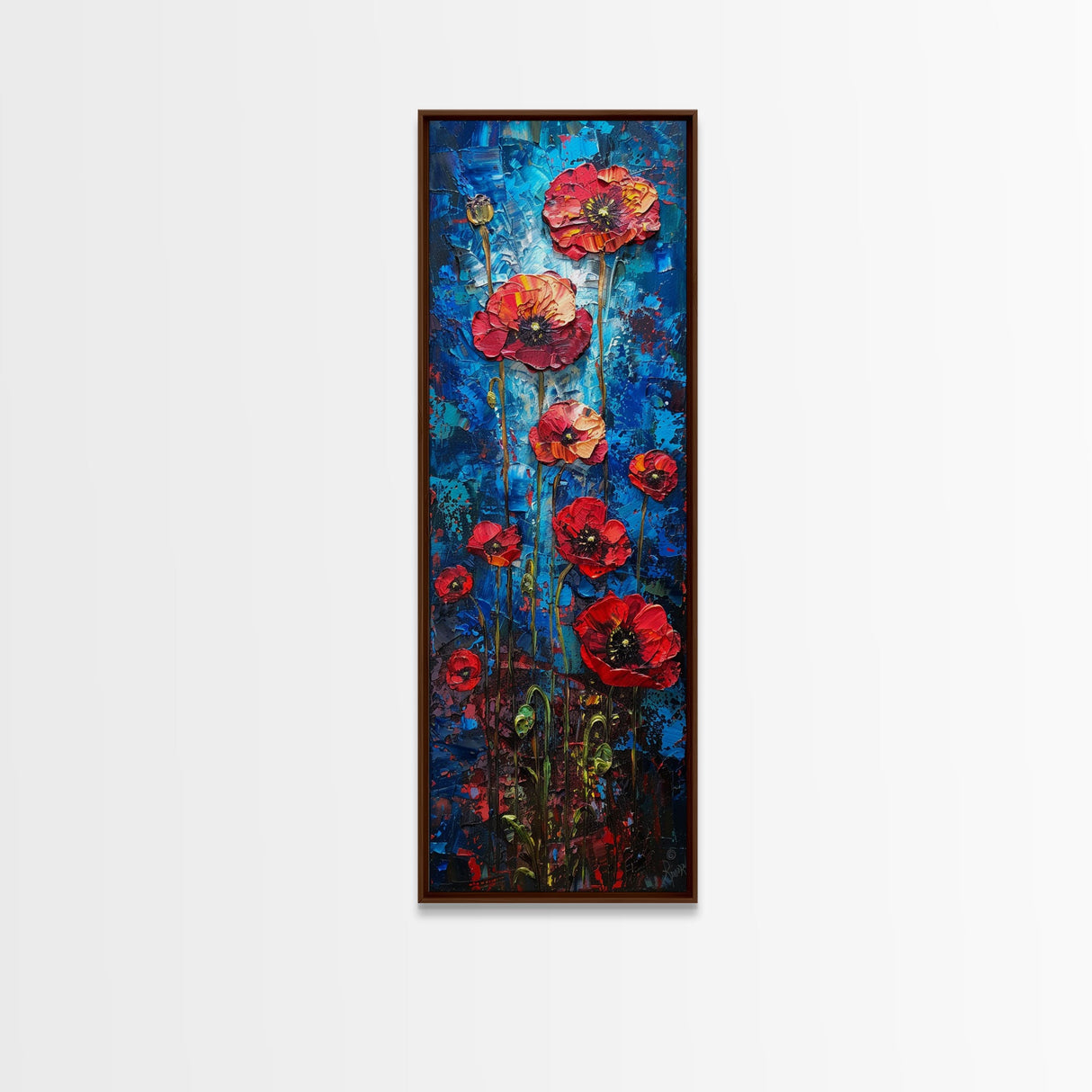 Red Poppies on Textured Blue Canvas as Tall Skinny Art Framed Canvas Print Perfect for Bold Wall Decor in Modern Spaces