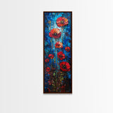 Red Poppies on Textured Blue Canvas as Tall Skinny Art Framed Canvas Print Perfect for Bold Wall Decor in Modern Spaces