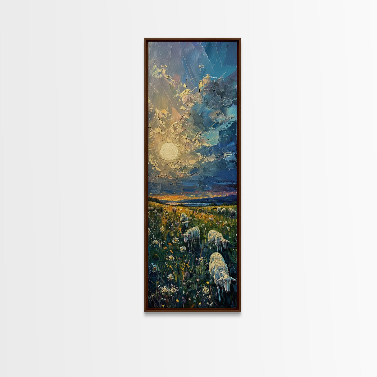 Lambs At Sunset Farmhouse Decor, Framed Canvas Print, Unique Wall Art, Skinny Art, Tall Wall Art, Art For Small Spaces