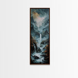 Waterfalls Against A Dark Mountain Landscape, Framed Canvas Print, Wood Frame Wall Art, Unique Decor, Farmhouse Wall Art, Tall / Skinny Wall Art