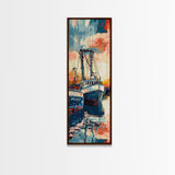 Majestic Fishing Boats Resting in a Vibrant Sunset Harbor - Skinny Art, Japanese Wall Decor, Framed Canvas Print, Ukiyo-e Style