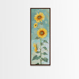 Japanese Skinny Art of Sunflowers with Golden Petals and Verdant Stems on a Pastel Blue Background – Framed Canvas Print