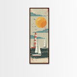 Sailboats Under the Sun, Retro Japanese Art Style Framed Canvas Print, Tall Skinny Art with a Vintage Touch