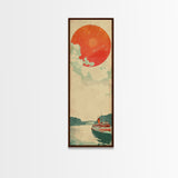 Large Red Sun Over River, Japanese Art Inspired by Ukiyo-e, Framed Canvas Print for Tall Skinny Wall Spaces