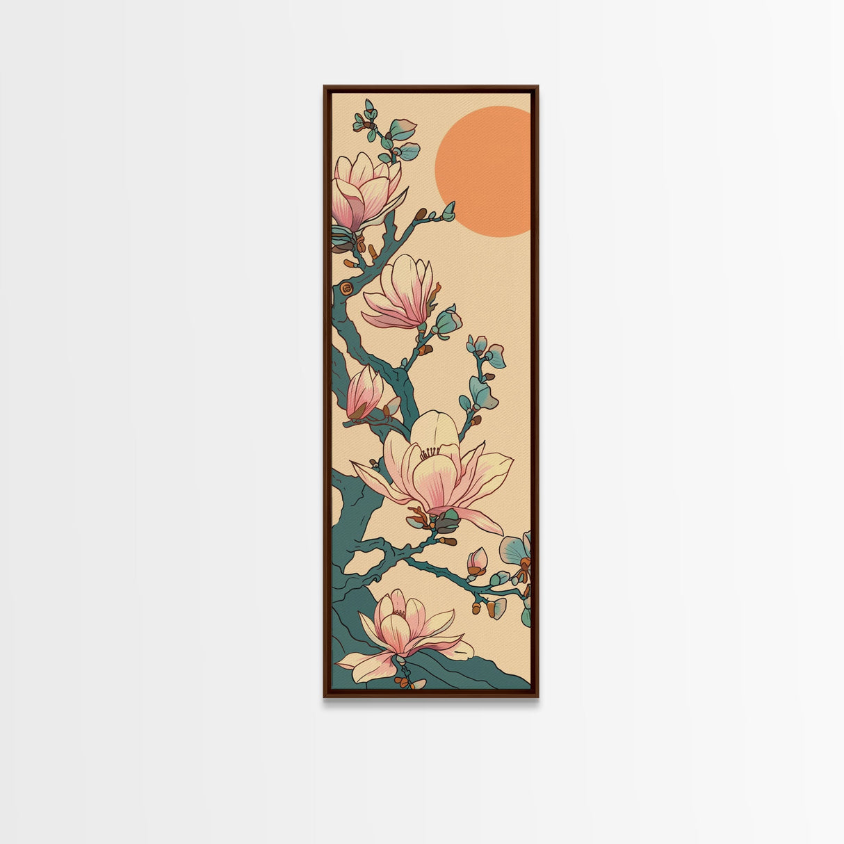 Delicate Magnolia Blossoms in Ukiyo-e Style, Tall Skinny Framed Canvas Print, Japanese Art for Vertical Spaces