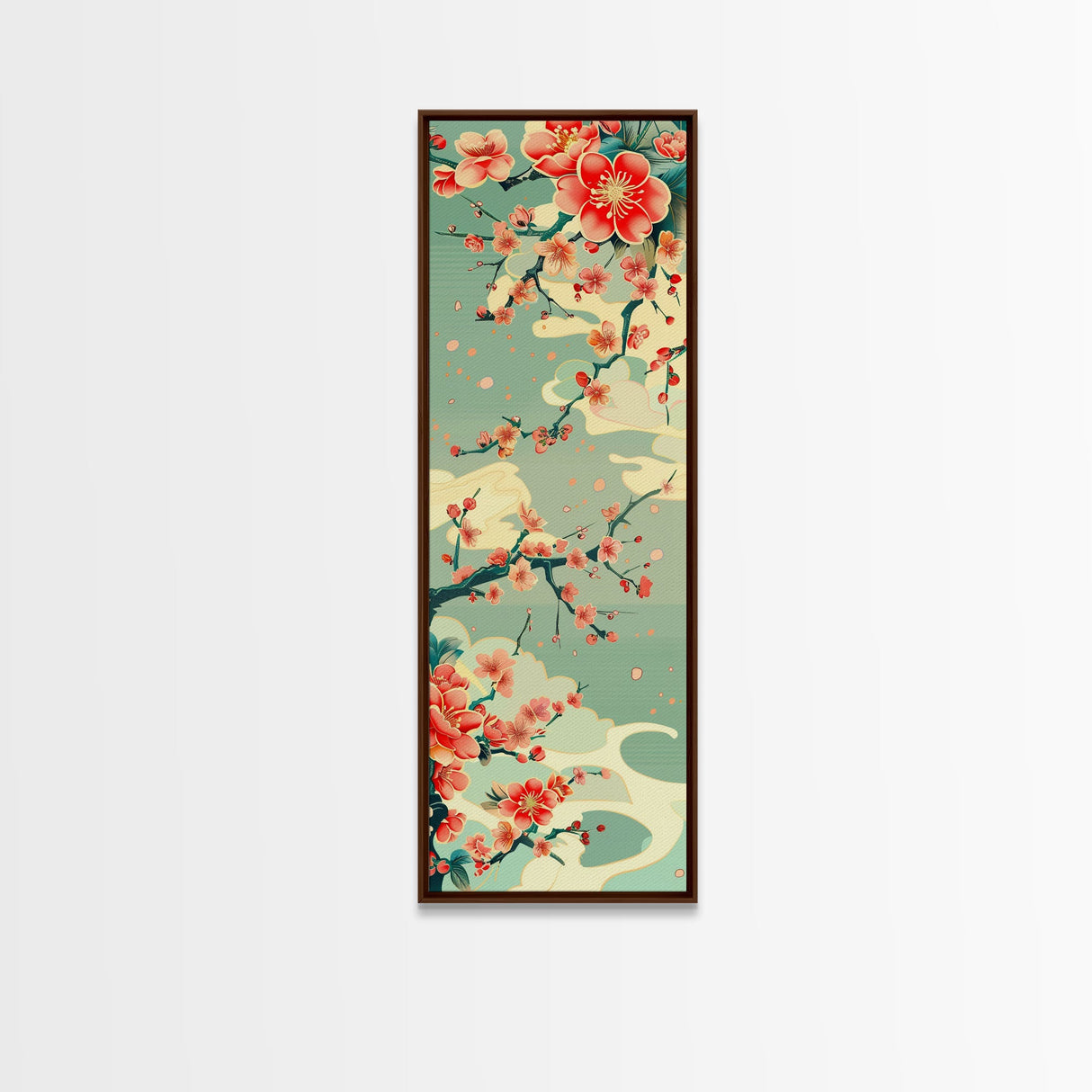 Plum Blossoms, Turquoise Sky, Japanese Art, Skinny Art, Tall Art, Framed Canvas Print, Ukiyo-e Style