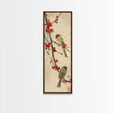Skinny Art Sparrows And Cherry Blossoms In Japanese Style Wood Block Print Gentle Color Palette On Framed Canvas Print, Tall Art Ukiyo-e