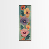 Skinny Art Delicate Pansies In Japanese Style Wood Block Print Soft Pastel Colors On Framed Canvas Print, Tall Art Ukiyo-e
