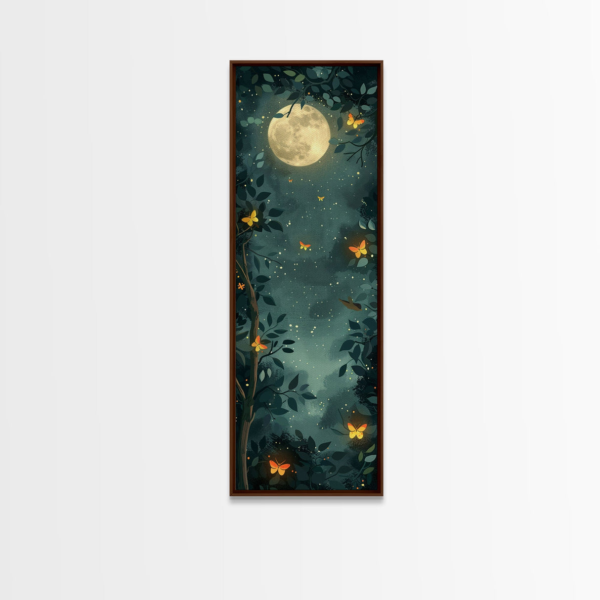 Full Moon And Butterflies In A Night Forest Japanese Style Framed Canvas Print, Wall Art Ready To Hang For Your Home