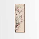 Minimalist Japanese Tree Branch With Red Berries, Ukiyo-e Woodblock Style Canvas, Framed Canvas Print, Japanese Tall Skinny Wall Art, Ready To Hang