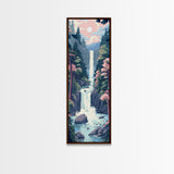 Waterfall Through Rocky Cliff Surrounded By Pine Trees Tall Art Skinny Art Framed Canvas Print Japanese Style Art Ukiyo-e Wood Block Print