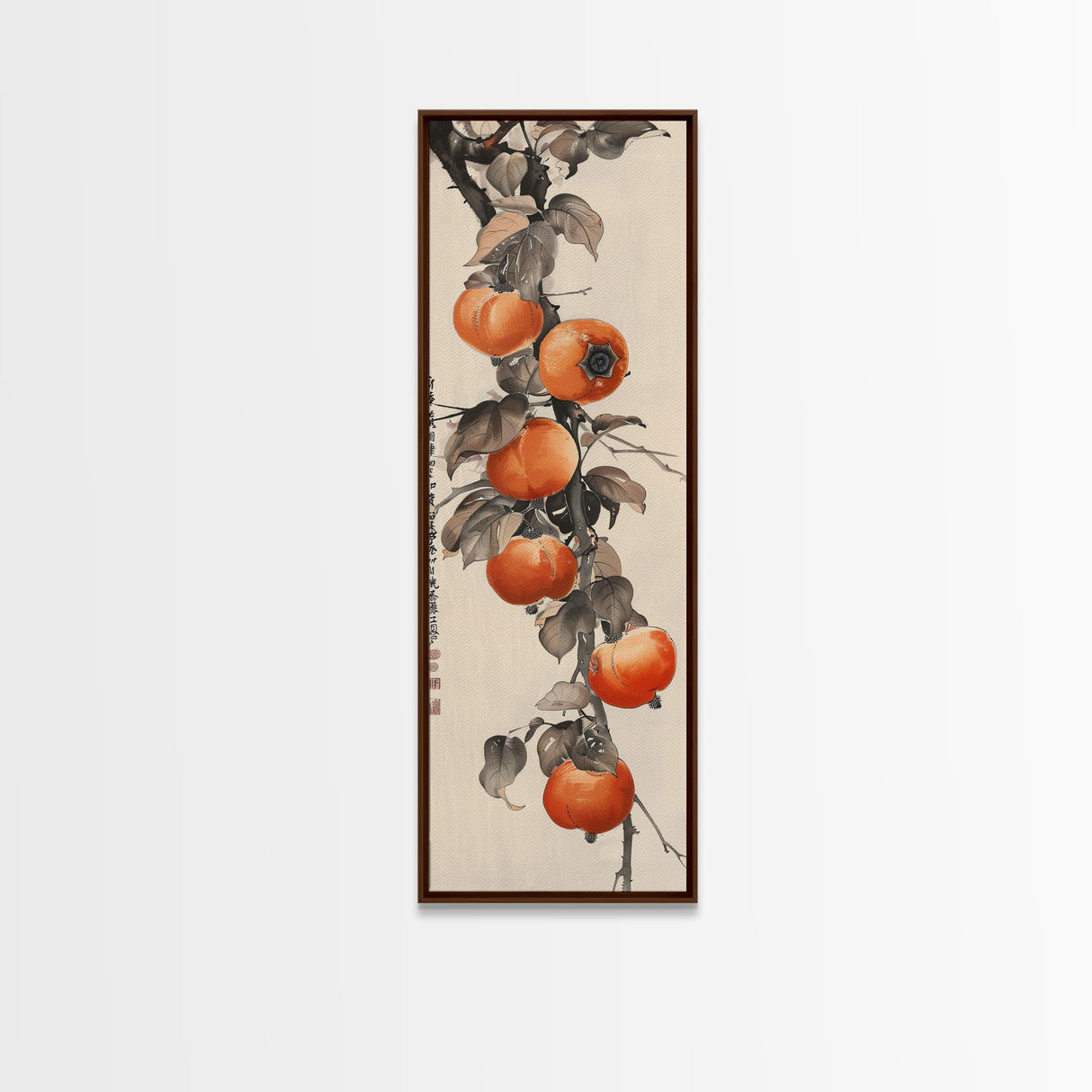 Bountiful Persimmons On Tree Branch Skinny Art Tall Art Framed Canvas Print Japanese Style Art Ukiyo-e Art Wood Block Print Seasonal Natural