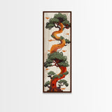 Curved Tree With Green Foliage Ukiyo-e Art Japanese Style Framed Canvas Print Wood Block Print Skinny Art Tall Art