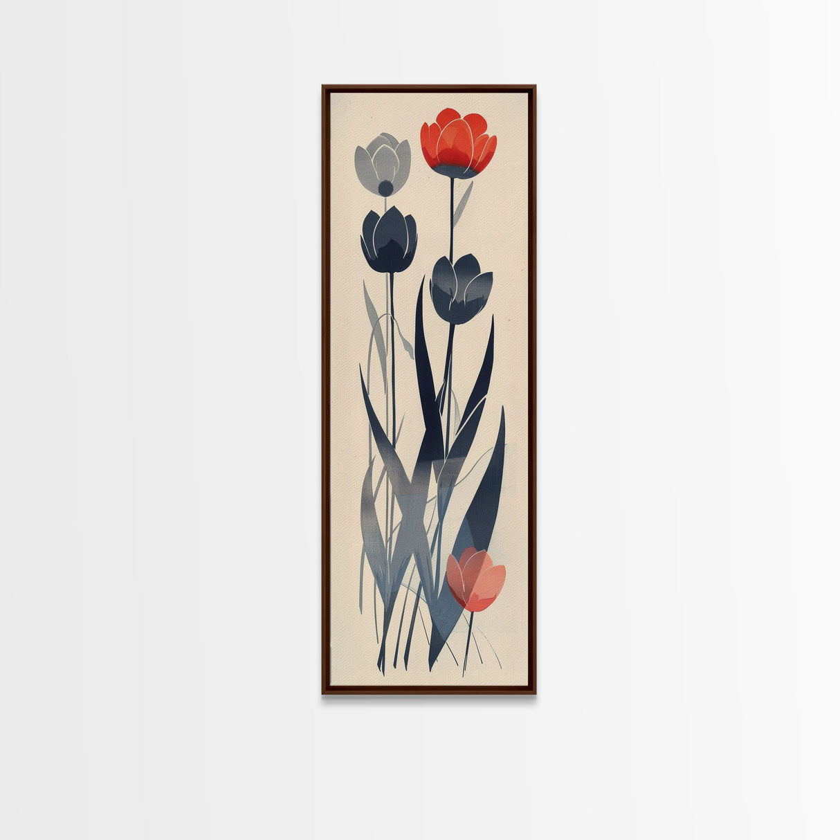 Minimalist Tulips In Red And Gray On Beige Background Framed Canvas Print Ukiyo-e Art Wood Block Print Japanese Style Skinny Art Tall Art