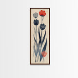 Minimalist Tulips In Red And Gray On Beige Background Framed Canvas Print Ukiyo-e Art Wood Block Print Japanese Style Skinny Art Tall Art