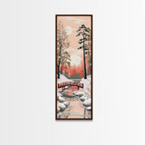Serene Japanese Winter Landscape Highlighting A Red Bridge Snow-Covered Pines Under A Peaceful Sky Tall Framed Canvas Print Nature Scene