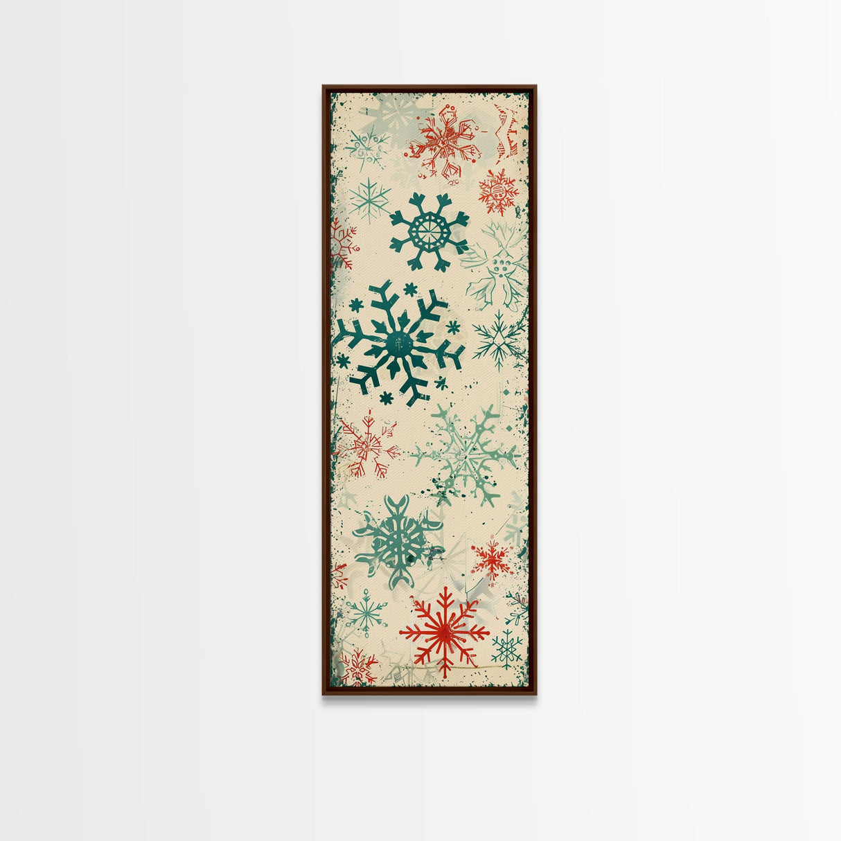 Snowflakes in Varied Sizes and Shapes Scattered on a Beige Canvas with a Distressed Texture Ukiyo-e Art Japanese Framed Canvas Print Skinny Tall Art
