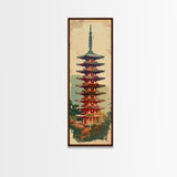 Tall Art, Skinny Art, Japanese Style Art, Pagoda Tower Wood Block Print Framed Canvas Print Ukiyo-e Art