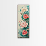 Japanese Style Art, Skinny Art, Tall Art, Peonies In Bloom Wood Block Print Framed Canvas Print Ukiyo-e Art
