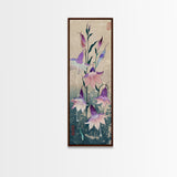 Tall Art Featuring Elegant Bellflowers In Soft Purples And Pinks Against A Muted Background, Skinny Art, Japanese Style Art, Ukiyo-e Art, Framed Canvas Print, Wood Block Print
