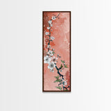 Skinny Art Tall Art Cherry Blossoms Wood Block Print Japanese Style Art With Delicate Branches On Soft Pink Background Framed Canvas Print