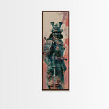 Skinny Art Tall Art Samurai Armor Wood Block Print Japanese Style Art Featuring Fierce Warrior In Full Battle Gear Framed Canvas Print