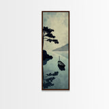 Skinny Art Tall Art Serene Lake Scene With Boat Wood Block Print Japanese Style Art Framed Canvas Print Calm Reflections On Still Water