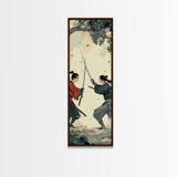 Skinny Art Tall Art Samurai Duel Wood Block Print Japanese Style Art Intense Battle Between Two Warriors Framed Canvas Print