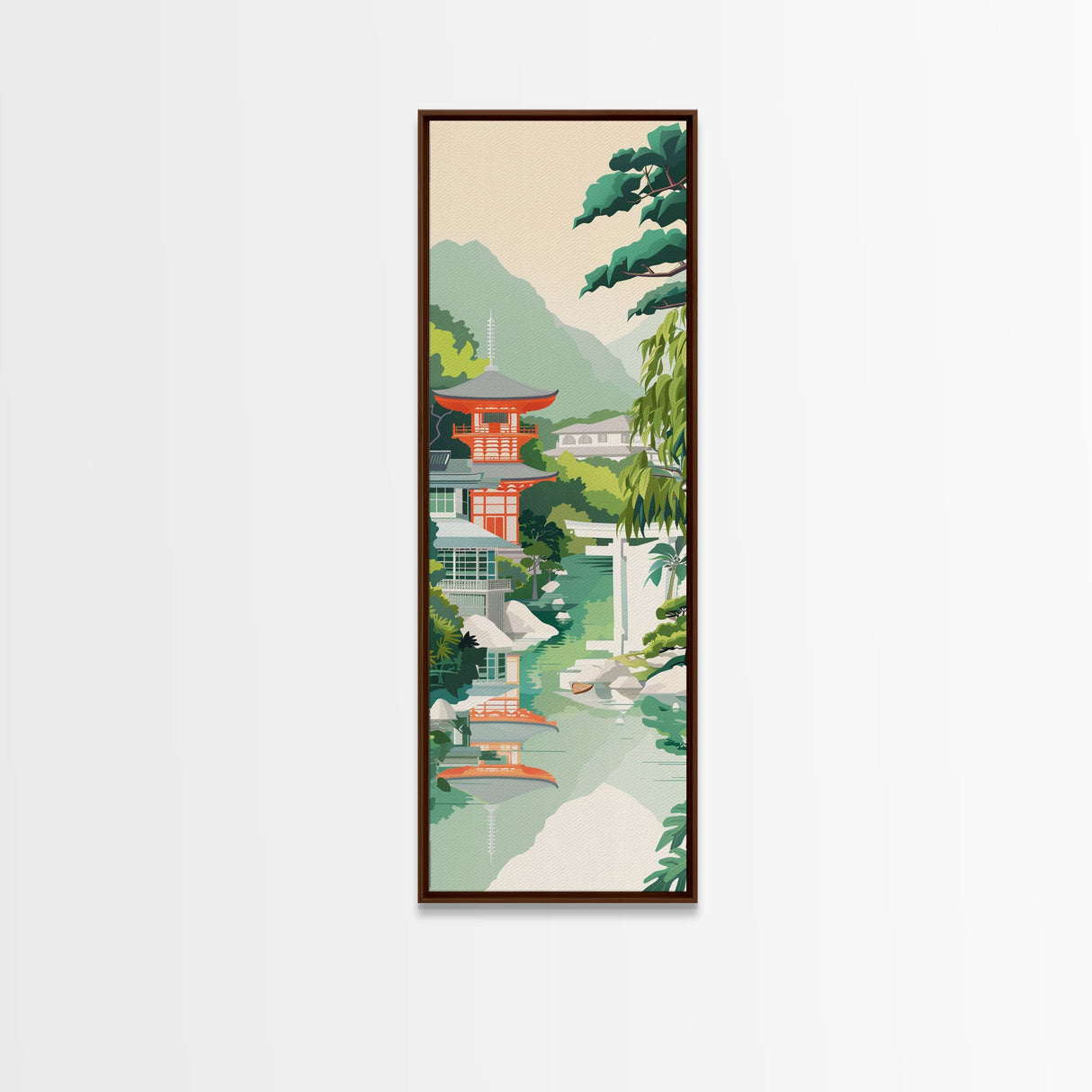 Skinny Art Tall Art Tranquil Japanese Garden Wood Block Print Japanese Style Art With Pagoda Reflected In Water Framed Canvas Print